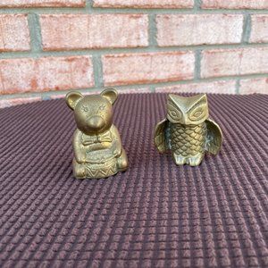 Pair of Mini Vintage Solid Brass Owl & Bear